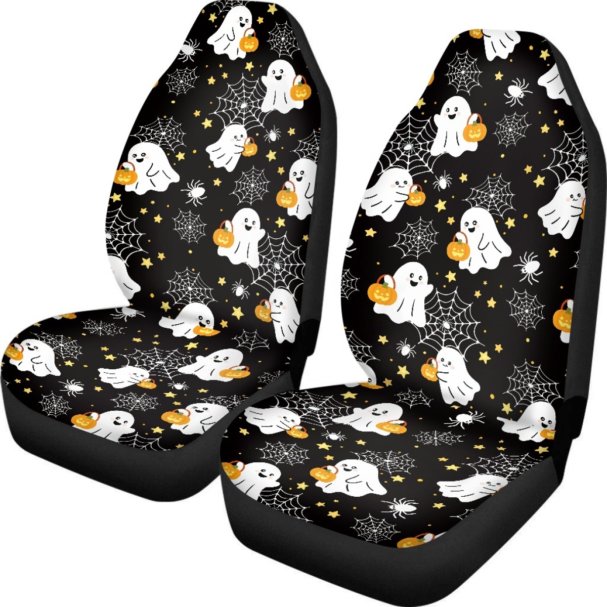 Cross-border Halloween-themed printed seat covers, featuring ghost and pumpkin designs, available for custom orders. Includes a set of two car seat protectors
