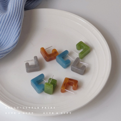 港风琥珀色方形925银针耳环2021年新款潮耳钉夏简约大气方形耳饰