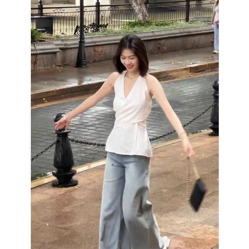 French Style Socialite-style Cross-lace V-neck Sleeveless Vest Women's Summer Elegant Slim-fit Backless Outer Neck Top