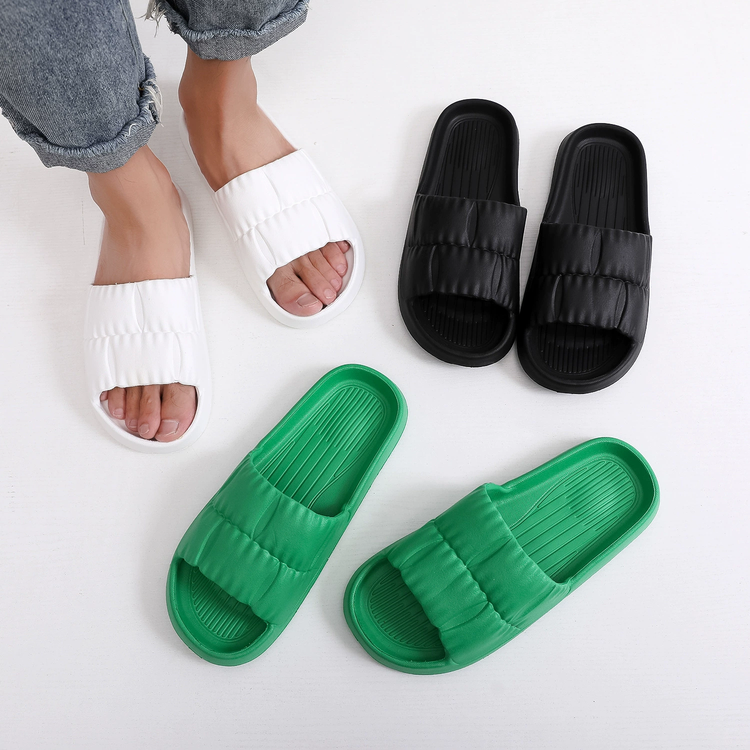 Мужские Летние Плиссированные тапочки с говном, сезонные летние домашние Нескользящие сандалии для ванны и ванной комнаты на толстой подошве для пар