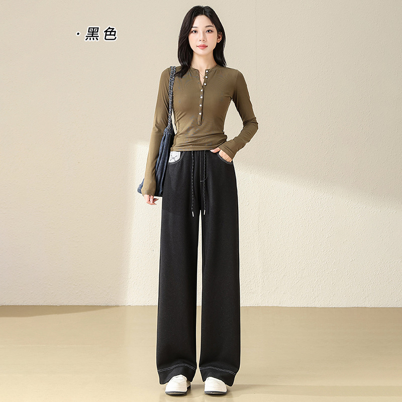 加厚牛仔裤女冬季松紧腰弹力哈伦裤大码直筒裤休闲百搭阔腿裤2516|undefined