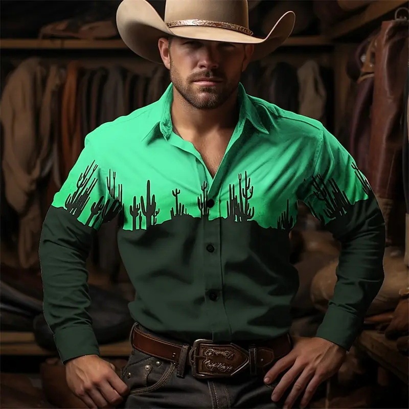 Cactus Cowboy Men's Western Style 3D Shirt Outdoor Street Casual Daily Autumn and Winter Lapel Long Sleeve Shirt
