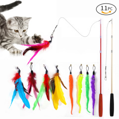 Cross-border pet cat toy feather replacement head cat teaser stick three-section fishing rod caterpillar cat toy 11-piece set
