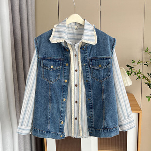 2025 Early Spring Large Size New 100kg Fat mm Fashion Raw Edge Denim Vest Tassel Collar Striped Shirt 2598