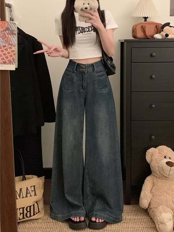 高腰双扣宽松阔腿牛仔裤女春季设计感大码垂感直筒显瘦拖地长裤子|undefined