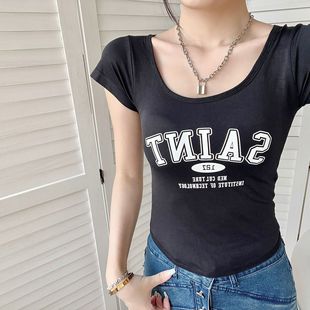 Wearing Tight T-shirt with Chest Pad All-match Summer Chic Top Shoulder Showable Clavicle Short-sleeved Shoulder American Style Slim T2