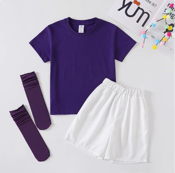 Purple shorts, socks, with short sleeve