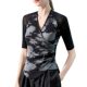Irregular V-neck Top Women's High-end 2024 Light Luxury Slim-fit Women's Small Shirt Printed Elegant Mesh Mid-sleeve T-shirt