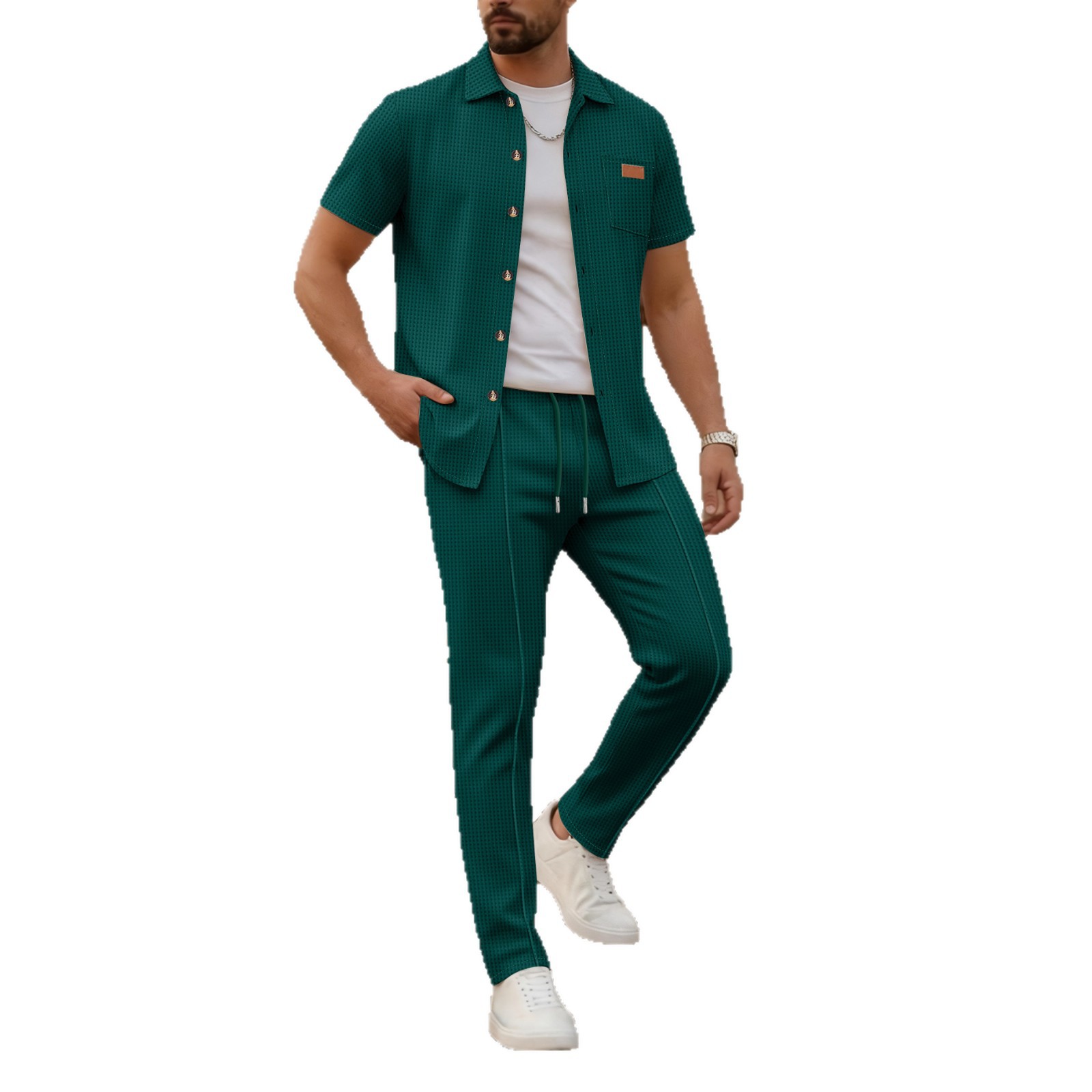 Breathable Waffle-Knit Lounge Set – Short Sleeve Shirt & Long Pants (S-XXXL, 6 Neutral Colors For Men & Women)_voghion.com
