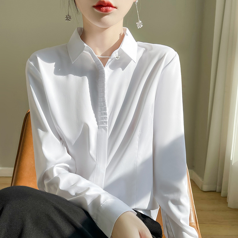 24 New Ladies Temperament White Shirt Workplace Long Sleeve Shirt Formal Base Shirt Slim Solid Color Shirt Comfortable