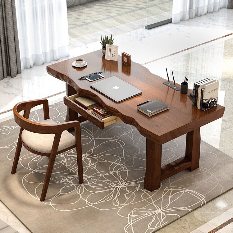 Simple Solid Wood Large Desk and Chair Combination Office Desktop Computer Table Natural Edge Calligraphy Table with Drawers