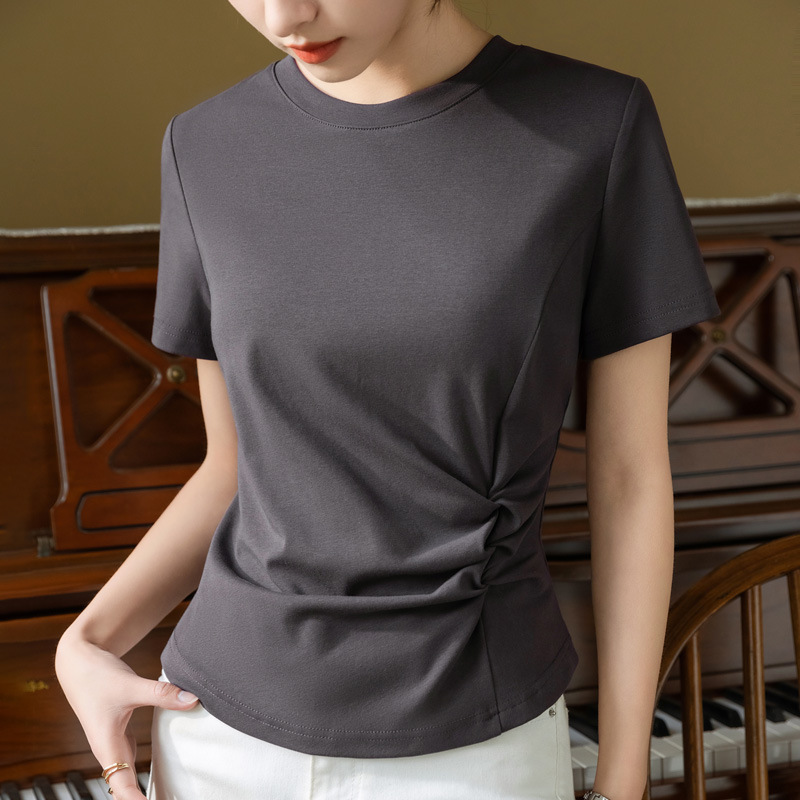 Camiseta de manga corta para mujer verano 2023 nuevo hombro de cuello redondo Mujer color sólido diseño Camiseta de algodón plisado cintura superior