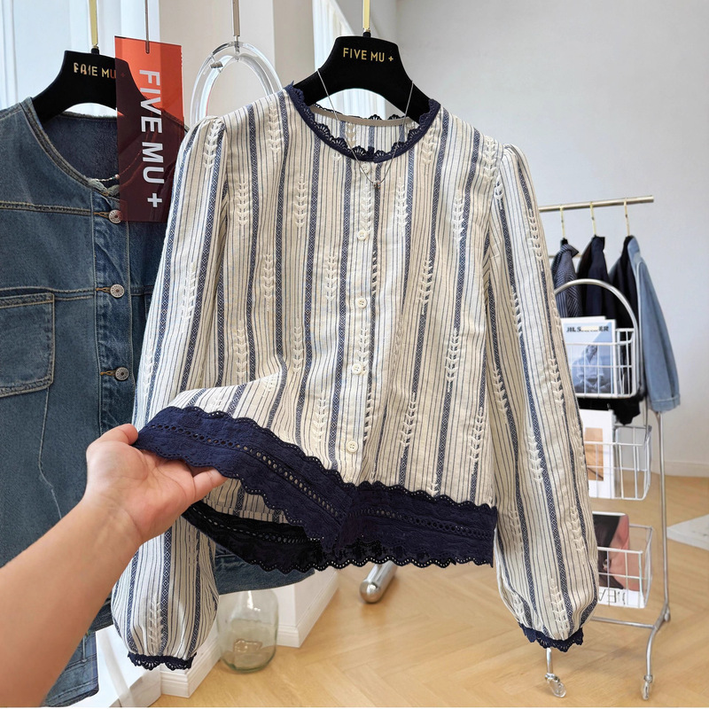 French-Style Striped Design Slimming Lace Shirt for Women 2025 Spring and Autumn New Fashion Loose Versatile Long-Sleeve Top