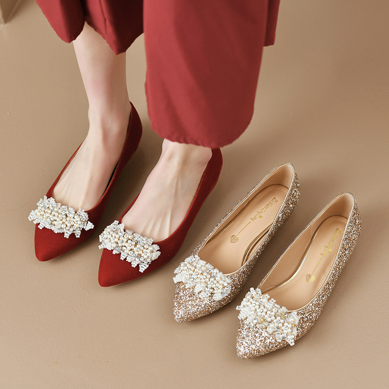 A1004-1-2 Women's Red Xiuhe Shoes with Chunky Heels and Sequins, Formal Shoes for Wide and Large Feet, Low Heel Slip-On Shoes