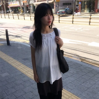 韩系圆领肌理提花短袖衬衫女卷边小飞袖宽松遮肉中长款微透白上衣