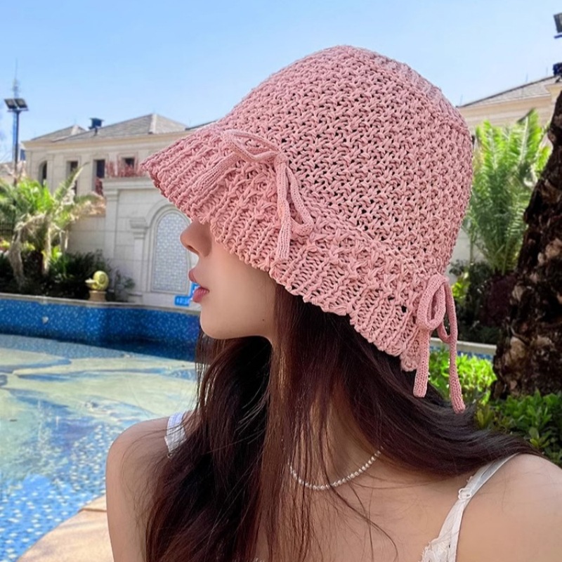 Hepburn Style Women's Bowknot Sun Hat For Summer, Breathable Knit_voghion.com