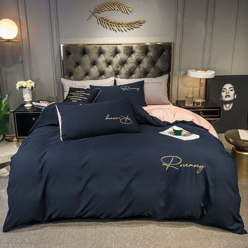 Solid color washed cotton four-piece bed sheet quilt cover student dormitory fitted sheet 60s count embroidered bed four-piece set
