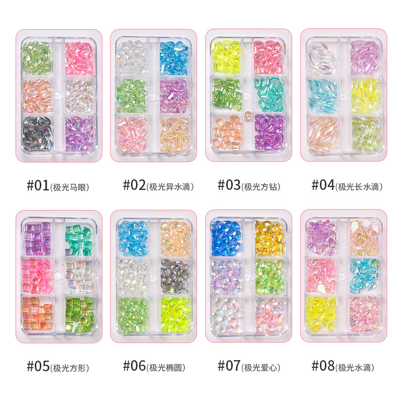 En línea de la celebridad de uñas dulces joyas de diamantes al por mayor resina tridimensional Aurora color mágico señaló larga octogonal caja de diamantes en forma especial
