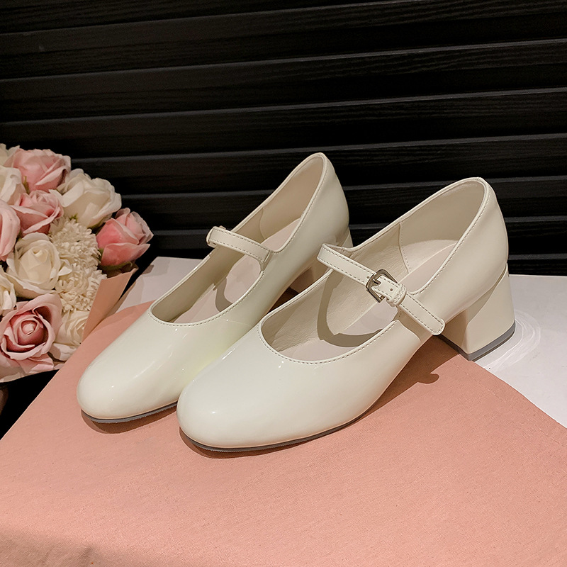 Uva mamá Nuevo estilo coreano elegante hermana ~ punta redonda correa de boca baja de cercanías adelgazante tacón grueso Mary Jane zapatos de una sola capa