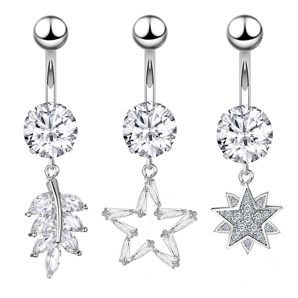 European And American Foreign Trade Hot Buy Stainless Steel Long Ring Leaf Star Zircon Stud Belly Button Body Piercing_voghion.com
