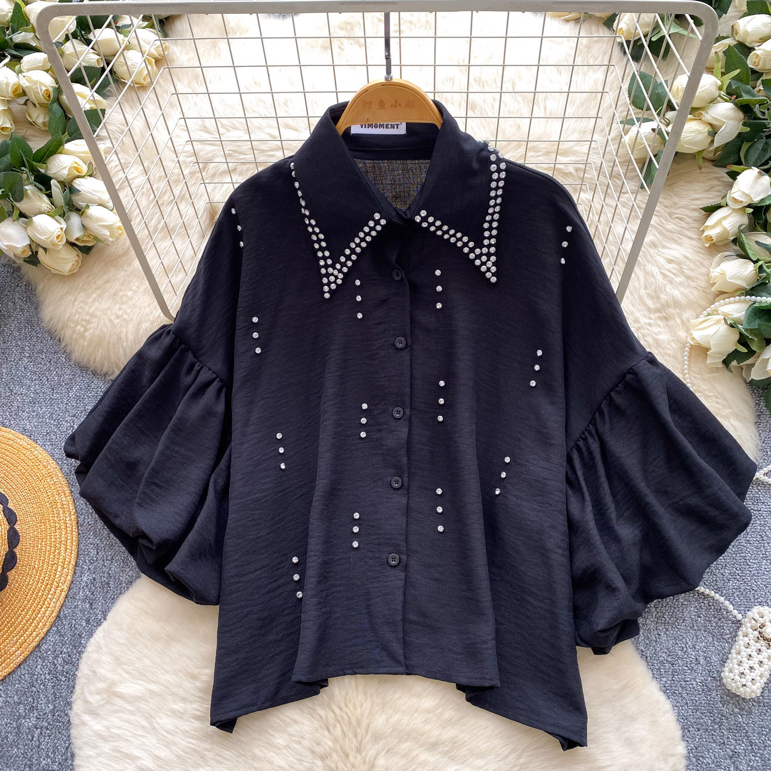 Women's French Style Rhinestone Blouse Summer Lantern Sleeve Cardigan Beaded Collar Loose Fit Versatile High End Top Heavy Duty_ecoleips.com