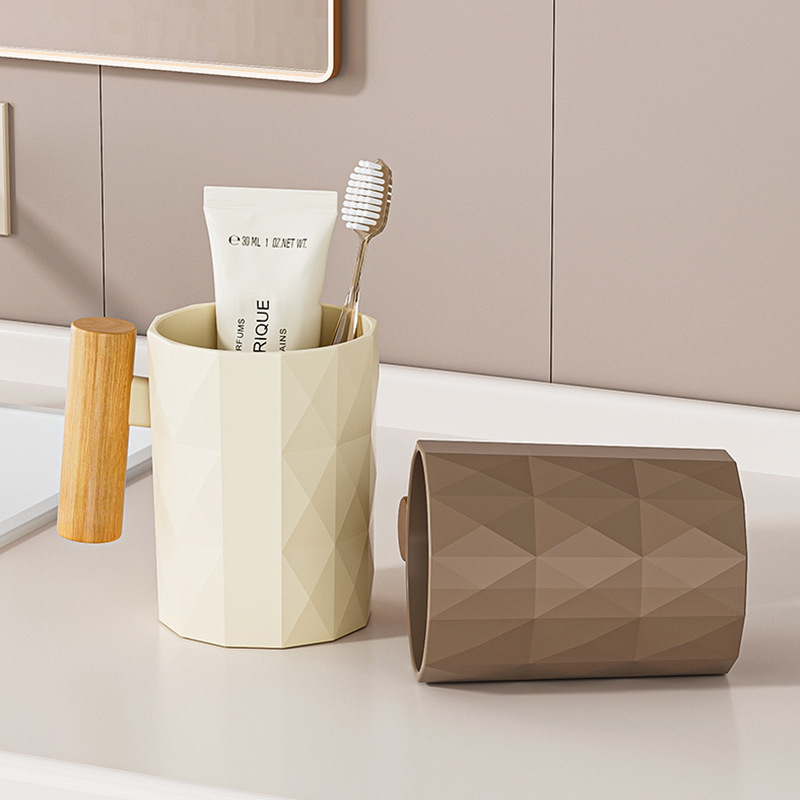 Taza de enjuague bucal para uso doméstico, baño, taza de cepillo de dientes de viento crema, mango de madera simple engrosado, taza de enjuague bucal para parejas