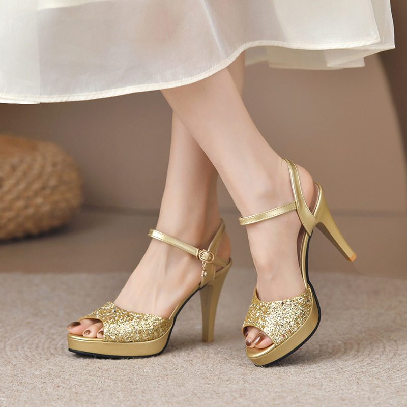 Women's high heel sandals summer New thick-soled chunky heel peep toe sandals with buckle sequins Korean style fashion sandals for women