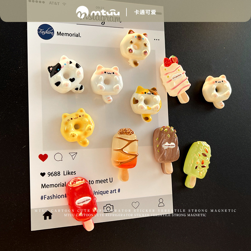 卡通创意甜品磁吸冰箱贴可爱猫咪甜甜圈迷你雪糕冰箱装饰留言磁贴|undefined