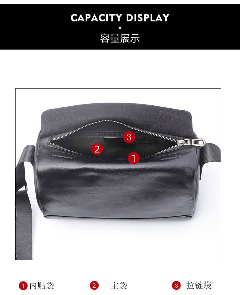 Túi đeo chéo nam da bò thuần phong cách tối giản, túi gối nhỏ 29×11×17 cm — Màu đen chi tiết 8