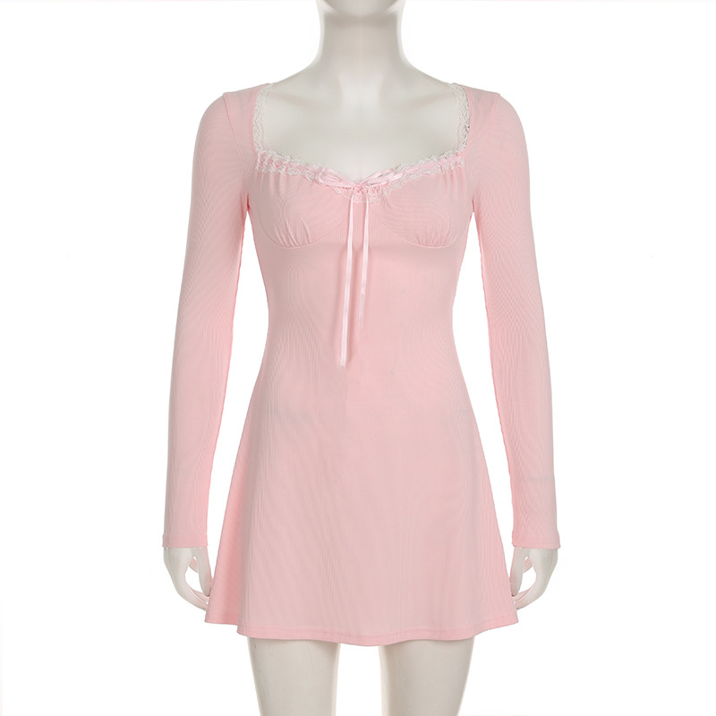 Sexy Girlish Lace Stitching Pleated Tie V neck Long Sleeve Dress Slimming Cinched Short Dress