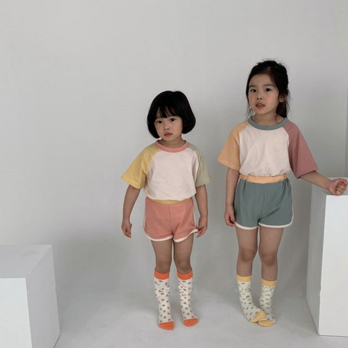 Korean style summer suit for infants and toddlers, simple casual contrasting color patchwork short-sleeved T-shirt + shorts cotton baby two-piece set