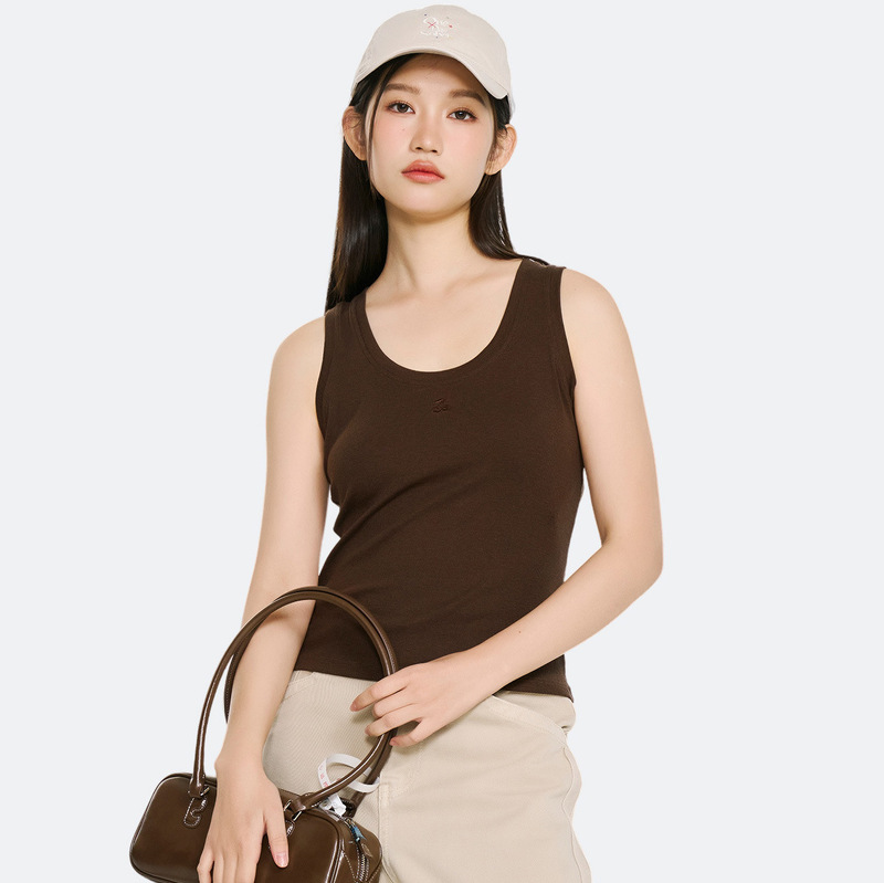 Women's Embroidered Vest 5045 Round Neck Tencel 2X2 Ribbed Outerwear Sports Vest High Elasticity Versatile Casual