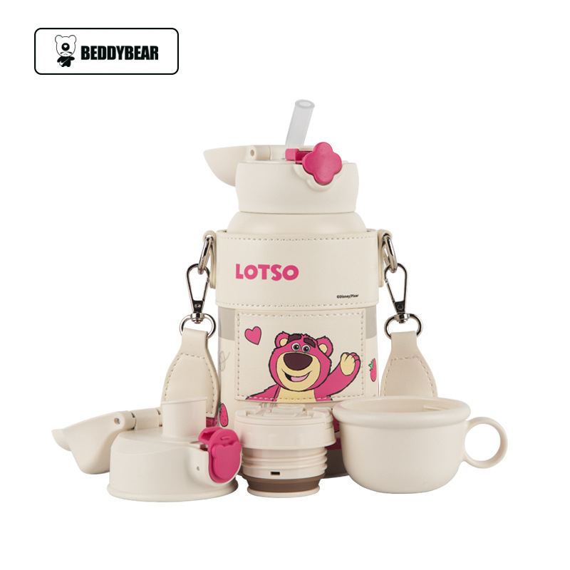 Cup Bear Four-leaf Clover Warm Strawberry Bear Children's Thermos Cup Three-lid Configuration Leather Cup Set Baby Cartoon Water Cup