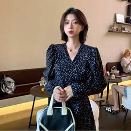 黑色圆点波点碎花长袖连衣裙子女秋季2026新款茶歇法式赫本风秋装