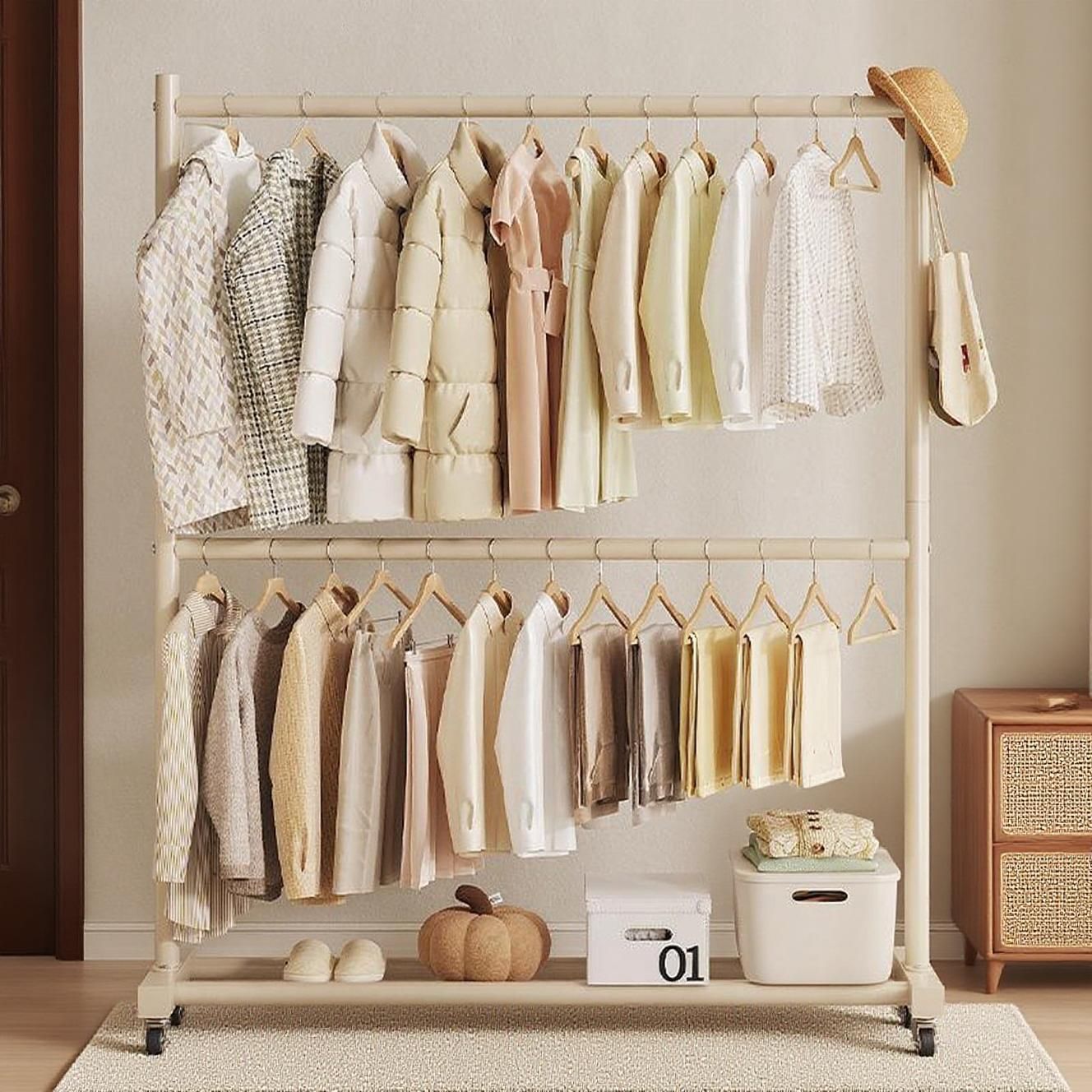 이중 레이어 건조대, 가정용 침실 건조대, 이중 막대형 발코니 수납 선반, 간편한 옷 및 모자 보관