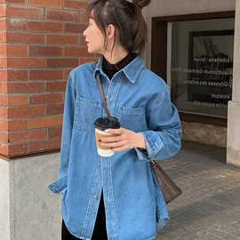 2023年新款春装上衣蓝色牛仔衬衣设计感小众日系衬衫外套女秋冬季