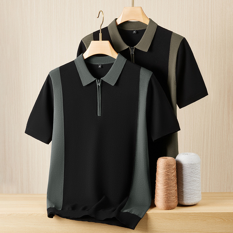 2025 New Autum Style Male Youth Trendy Fat Plus Size Lapel Color Matching Half Zipper Short-Sleeved Knitwear
