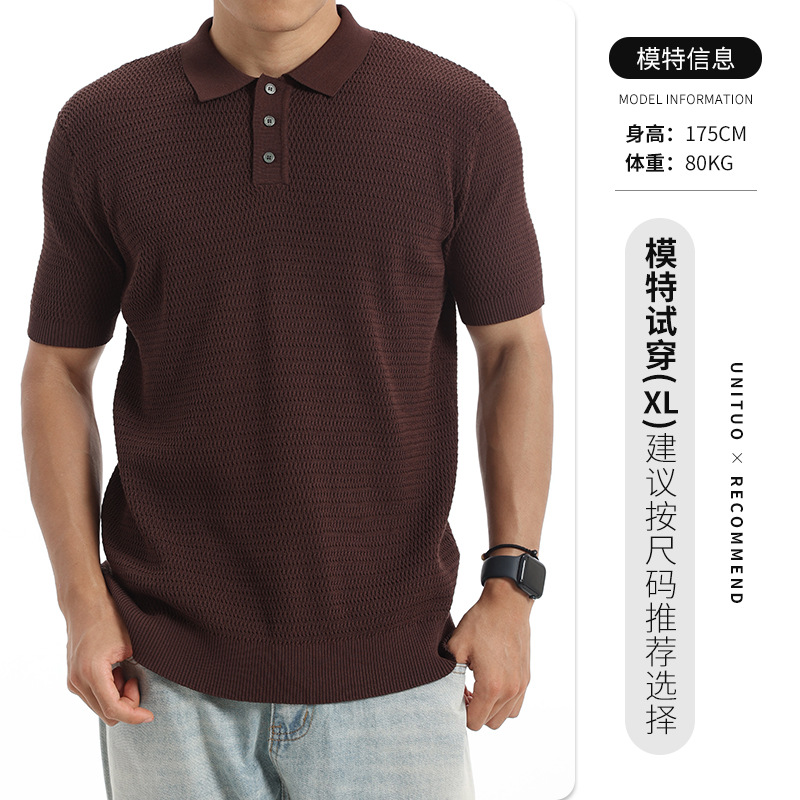 2026 verano transfronterizo hombre waffle hielo tejedido polo camisa de solapa de color sólido mangas cortas ropa de hombre de negocios europea y americana