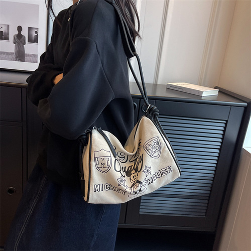Large-capacity cartoon printed canvas bag women's bag summer new casual shoulder bag simple contrasting crossbody bag