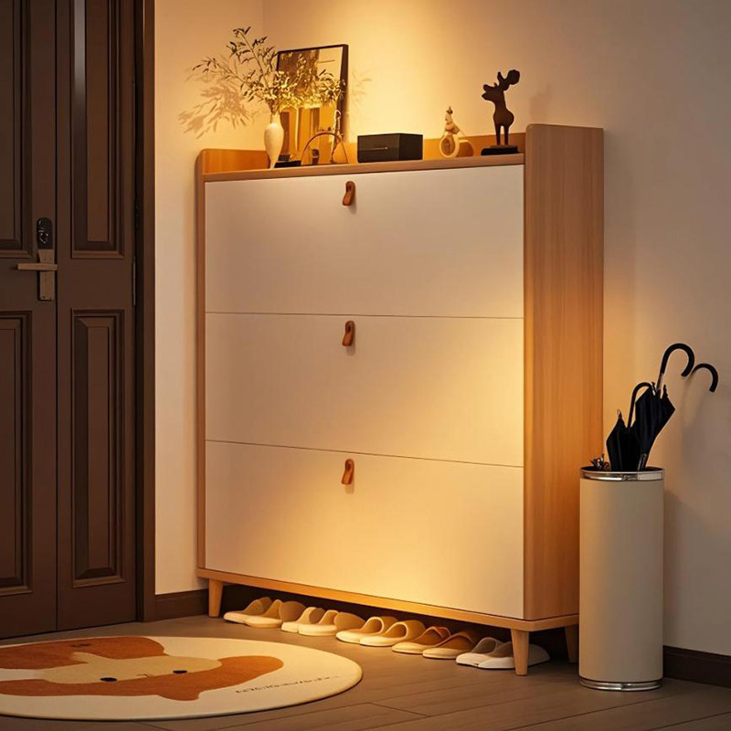 Ultra-Thin Shoe Cabinet for Home Use, Integrated Wall-Mounted Storage Cabinet for Entryway, Extremely Narrow Flip-Up Style Solid Wood Shoe Rack