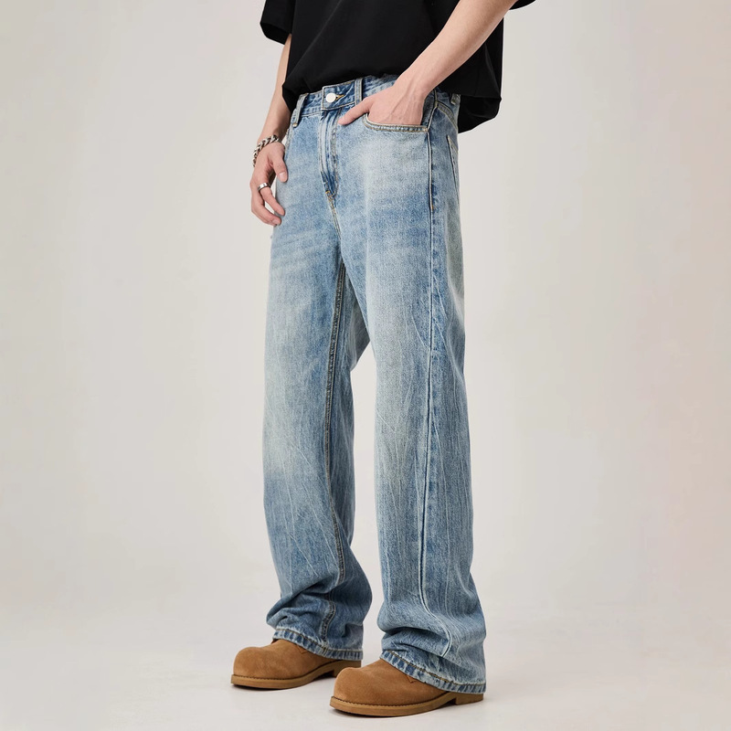 American-Style Heavy Washed Ripped Wide-Leg Jeans for Men, Drapey, Loose, Slimming, Casual Versatile Straight Pants