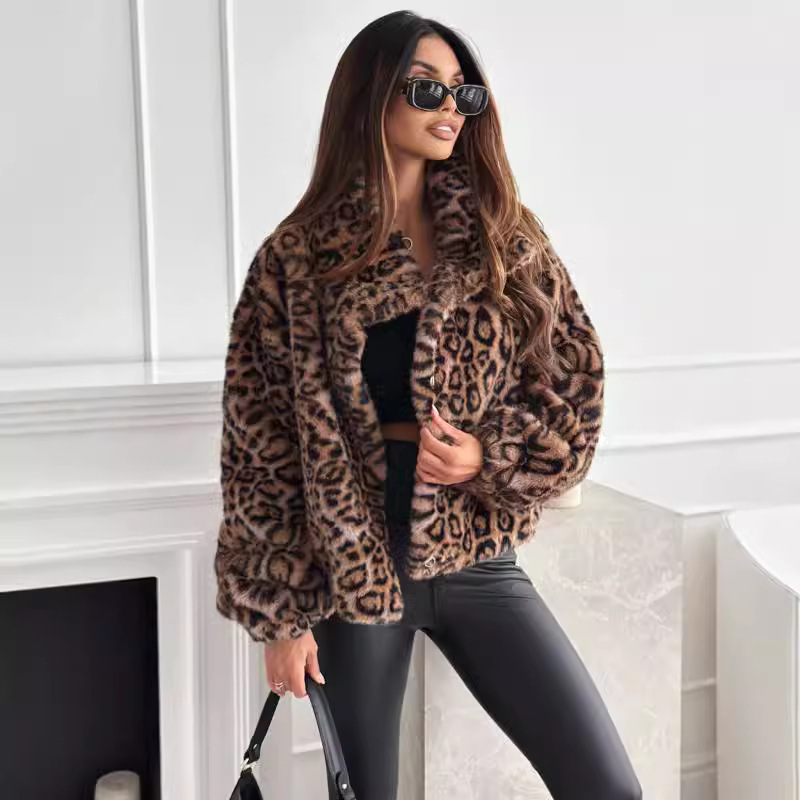 2024 European and American Cross-border Autumn and Winter New Leopard Print Lapel Fashion Elegant Mao Mao Short Coat Plush Thickened Women's Top 2024 European and American Cross-border Autumn and Winter New Leopard Print Lapel Fashion Elegant Mao Mao Short Coat Plush Thickened Women's Top