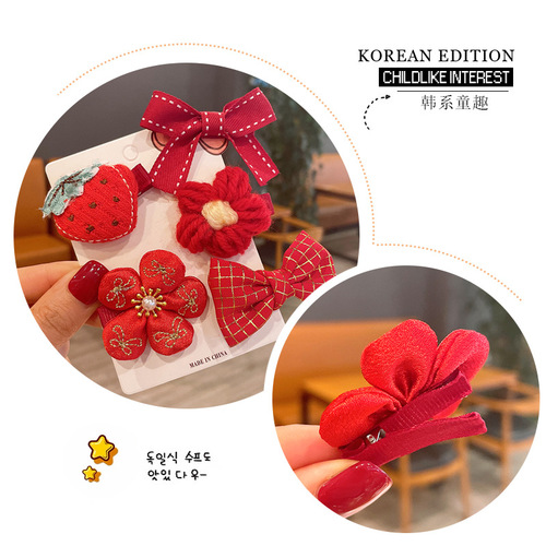 New Year's red festive children's cartoon hairpin with bow and flower edge clip for baby girl hair ball pair headband rubber band