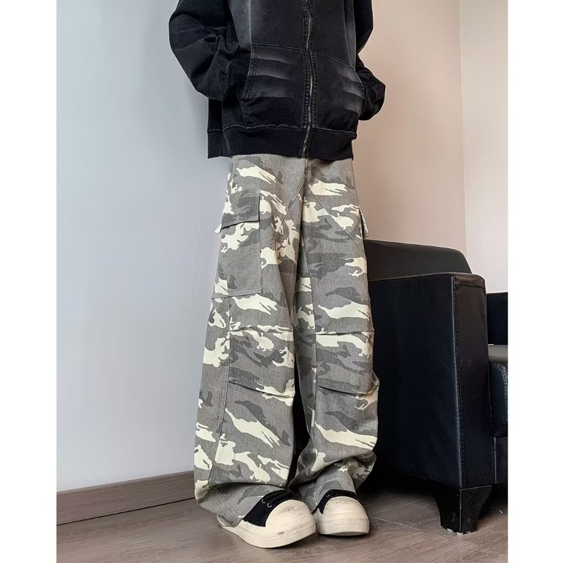 美式复古迷彩工装牛仔裤男百搭宽松阔腿长裤做旧多口袋牛仔裤男|undefined