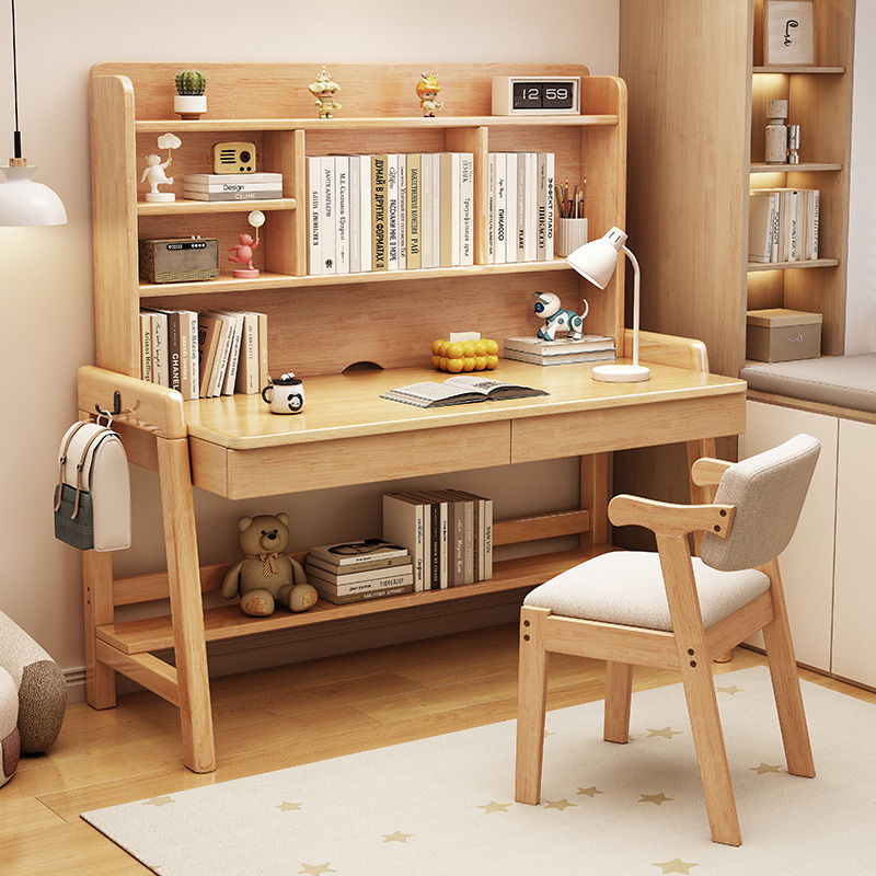 Solid Wood Liftable Children's Desk Study Table Home Desk with Bookshelf Bedroom Small Apartment Desk Computer Desk