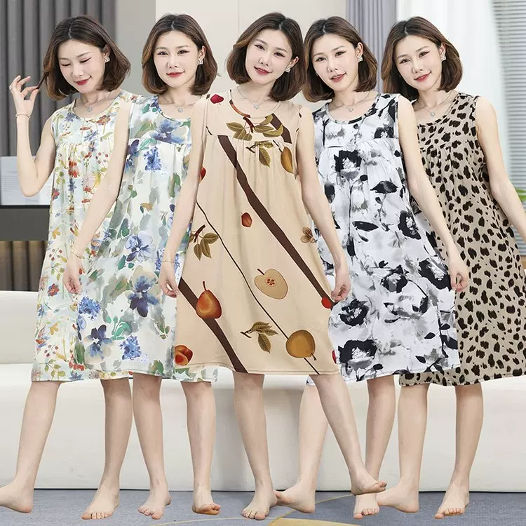 棉绸睡裙女夏季新款洋气中长款连衣裙中老年宽松简约家居服睡衣裙