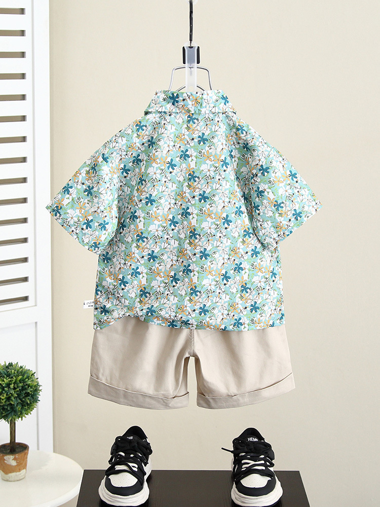 Conjunto de Verano para Niños 7917, Estilo 2026, Camisa de Playa con Estampado Floral, Conjunto de Dos Piezas de Manga Corta, Ropa Infantil