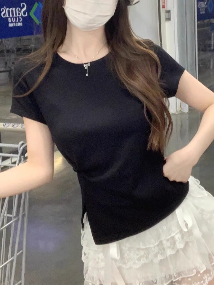 纯棉短袖t恤女2026年夏季新款时尚设计感扭结侧边开叉修身上衣INS