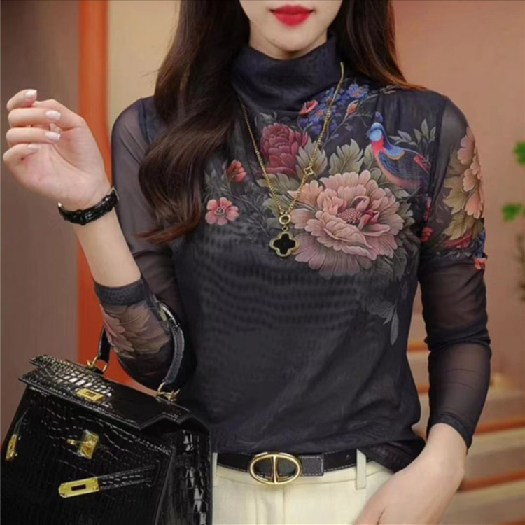 一件代发爆款2025春秋季肌肤网纱半高领打底衫印花长袖T恤女上衣|undefined