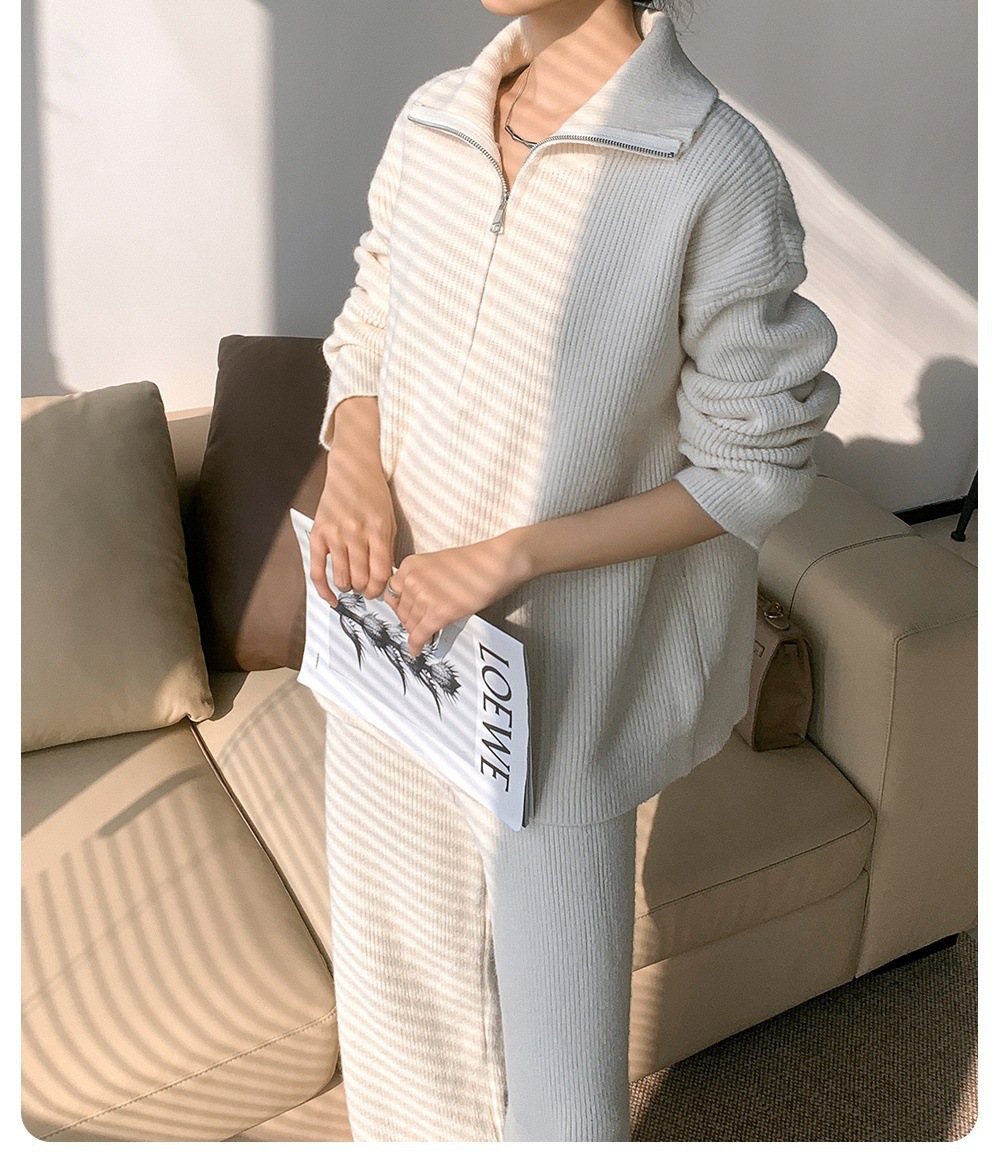 Transfronterizo estilo europeo y americano de cuello alto con cremallera suéter de punto conjunto de mujeres otoño invierno pantalones de piernas largas sueltos dos piezas